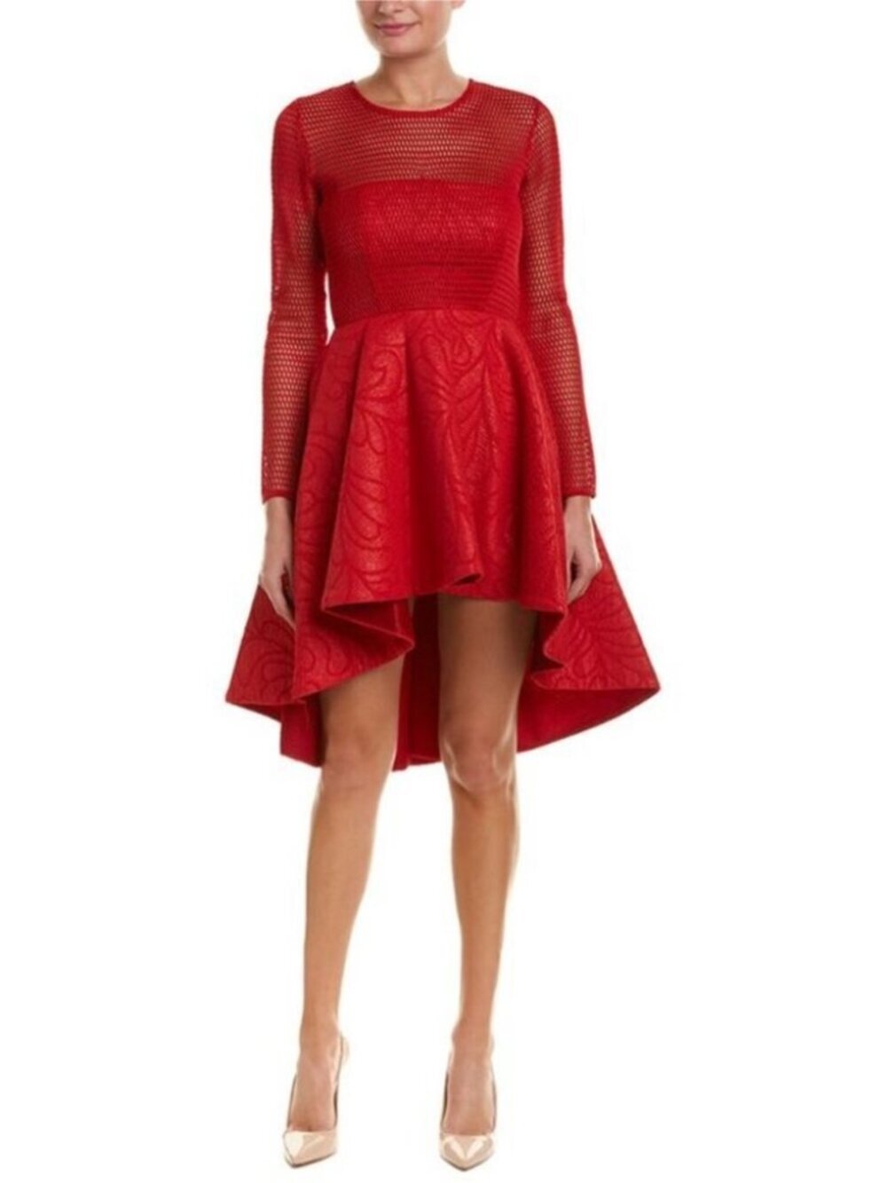 Issue New York Red Mesh Textured Jacquard Hi Low Dress Size M Special Event